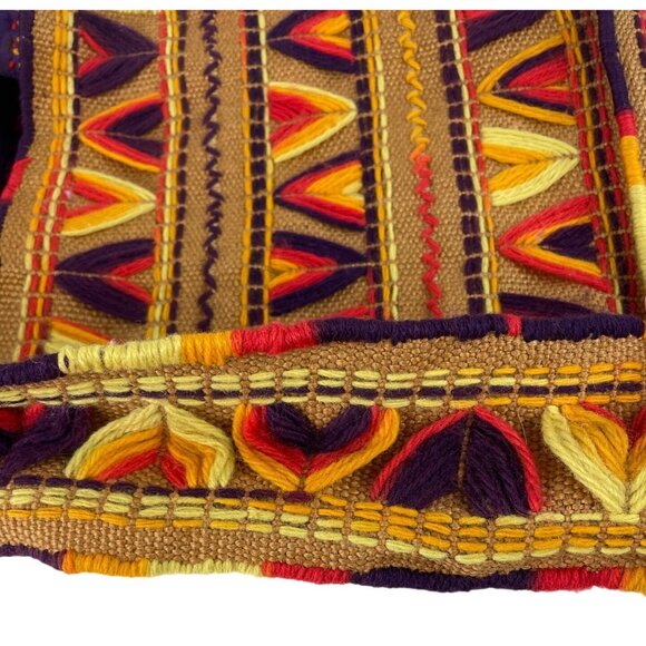 Vintage Handmade Colorful Yarn Embroidered Burlap Lined Tote Bag - Picture 7 of 10